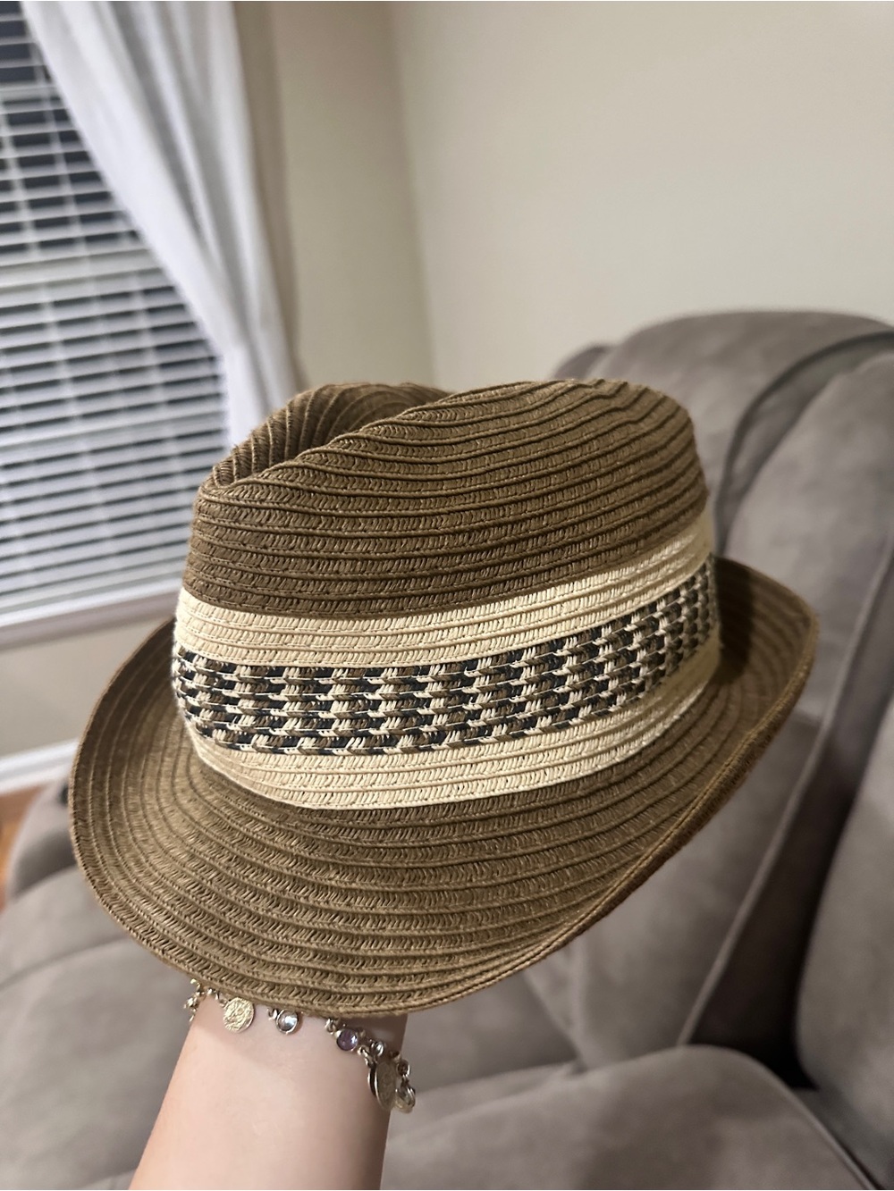 Men's Brown Straw Fedora Hat with Cream & Black Band
